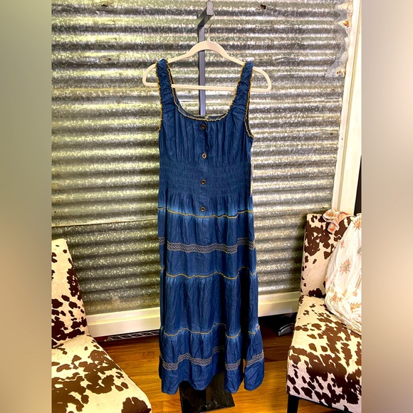 Ruffled Shoulder Denim Midi Dress indigo
